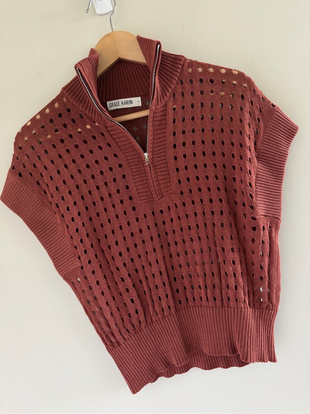 Grace Karin Rust Crochet Knit Sweater Top Womens Small Boho Chic Lightweight
